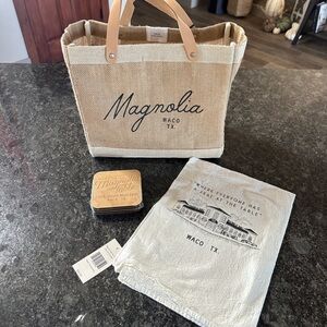 Magnolia Jute Tote with Leather Handles, four coasters, and tea towel